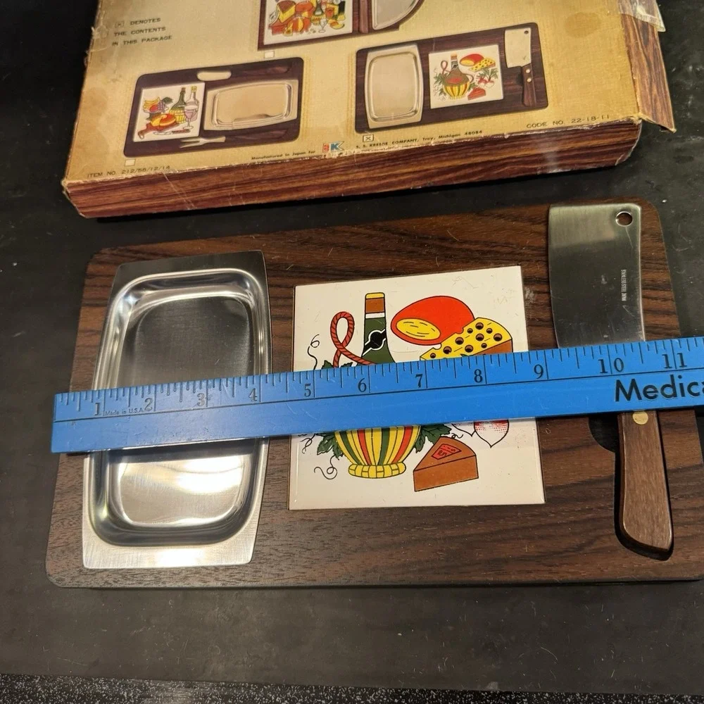 Vintage 1970s Wooden Cheese Board Set with Knife, Tray, and Porcelain Tile‎